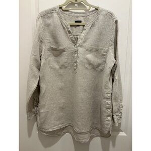 Talbots 100% Linen Pullover Blouse XL Beige Buttons On Split Neck Pockets